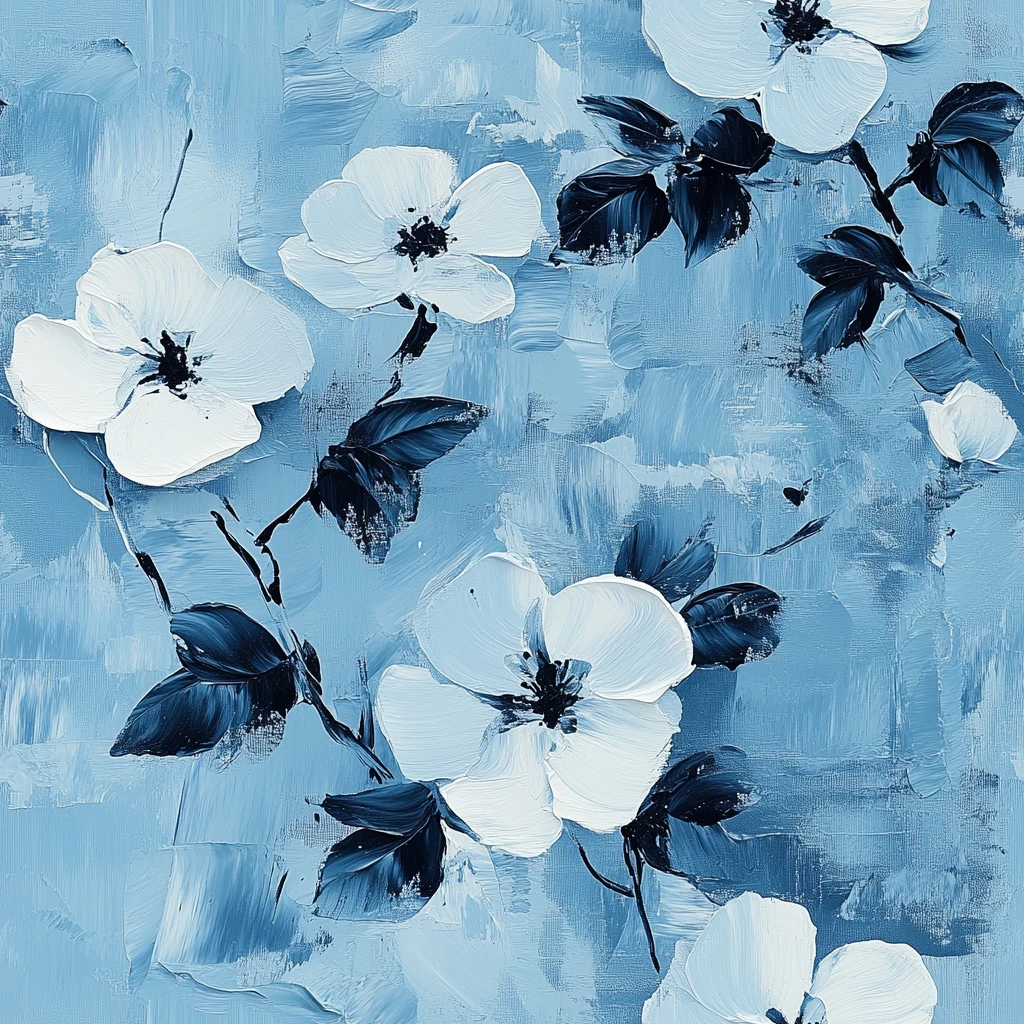 蓝底黑白花叶画