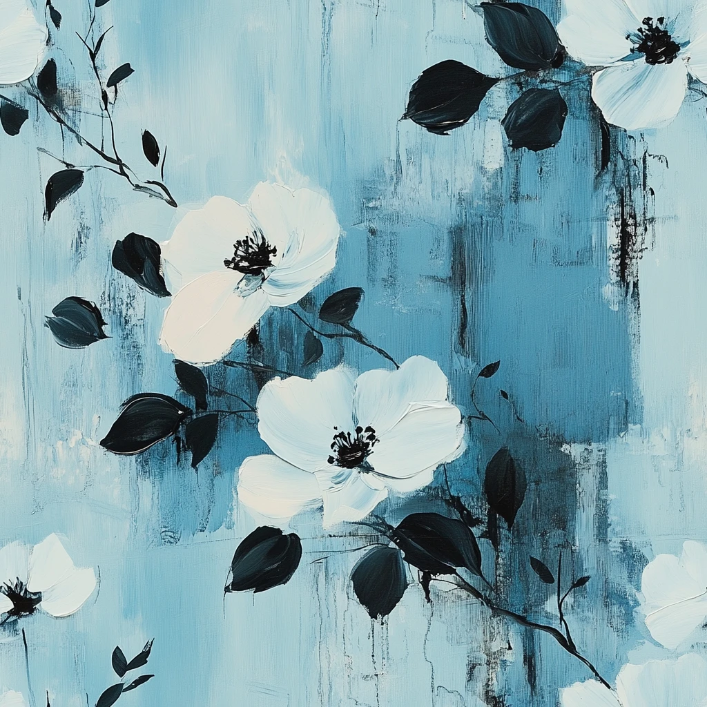 蓝底黑白花叶画