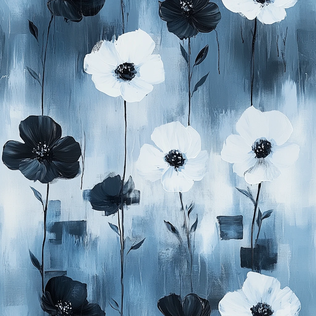 蓝底黑白花叶画