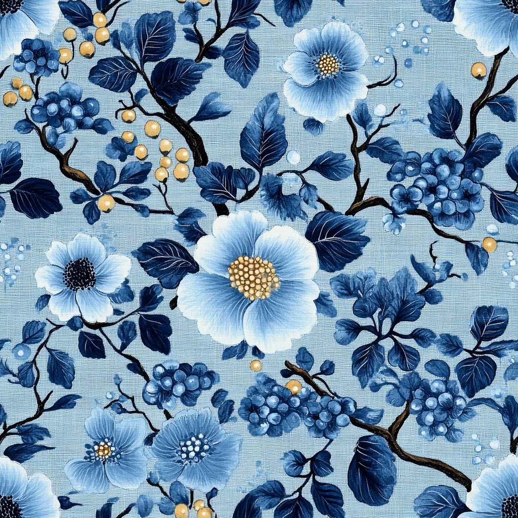 蓝白花卉纹样布料
