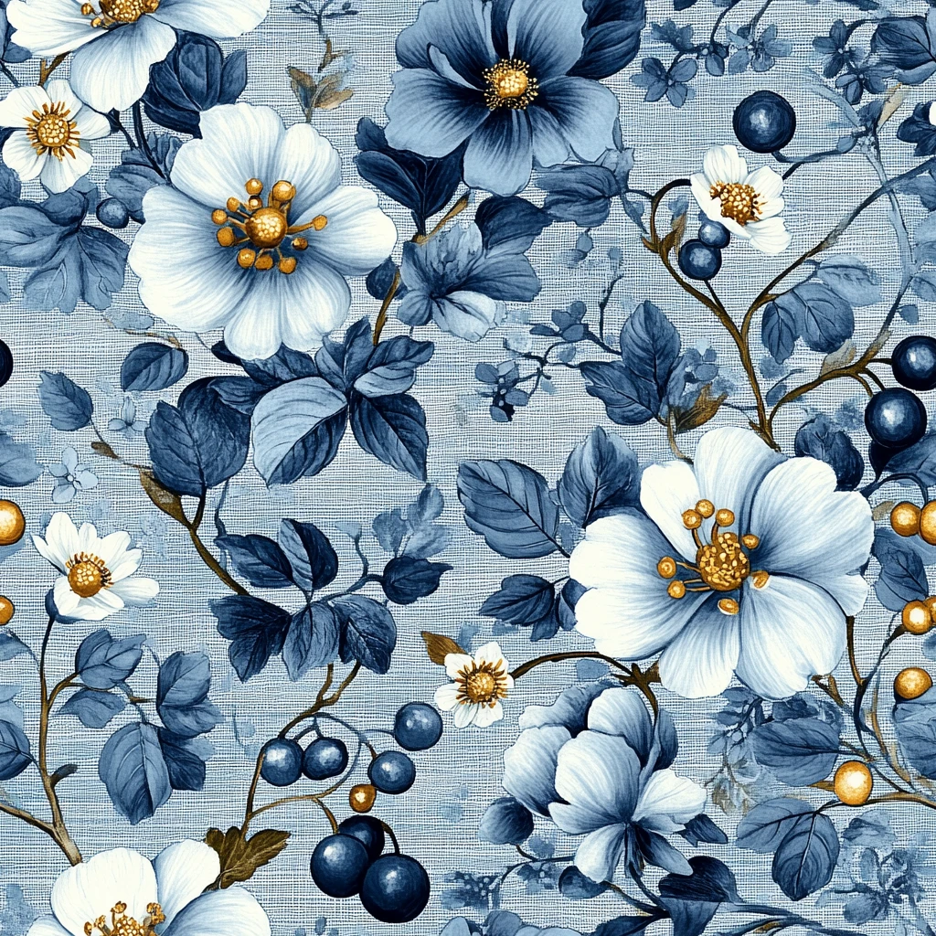蓝白花卉纹样布料