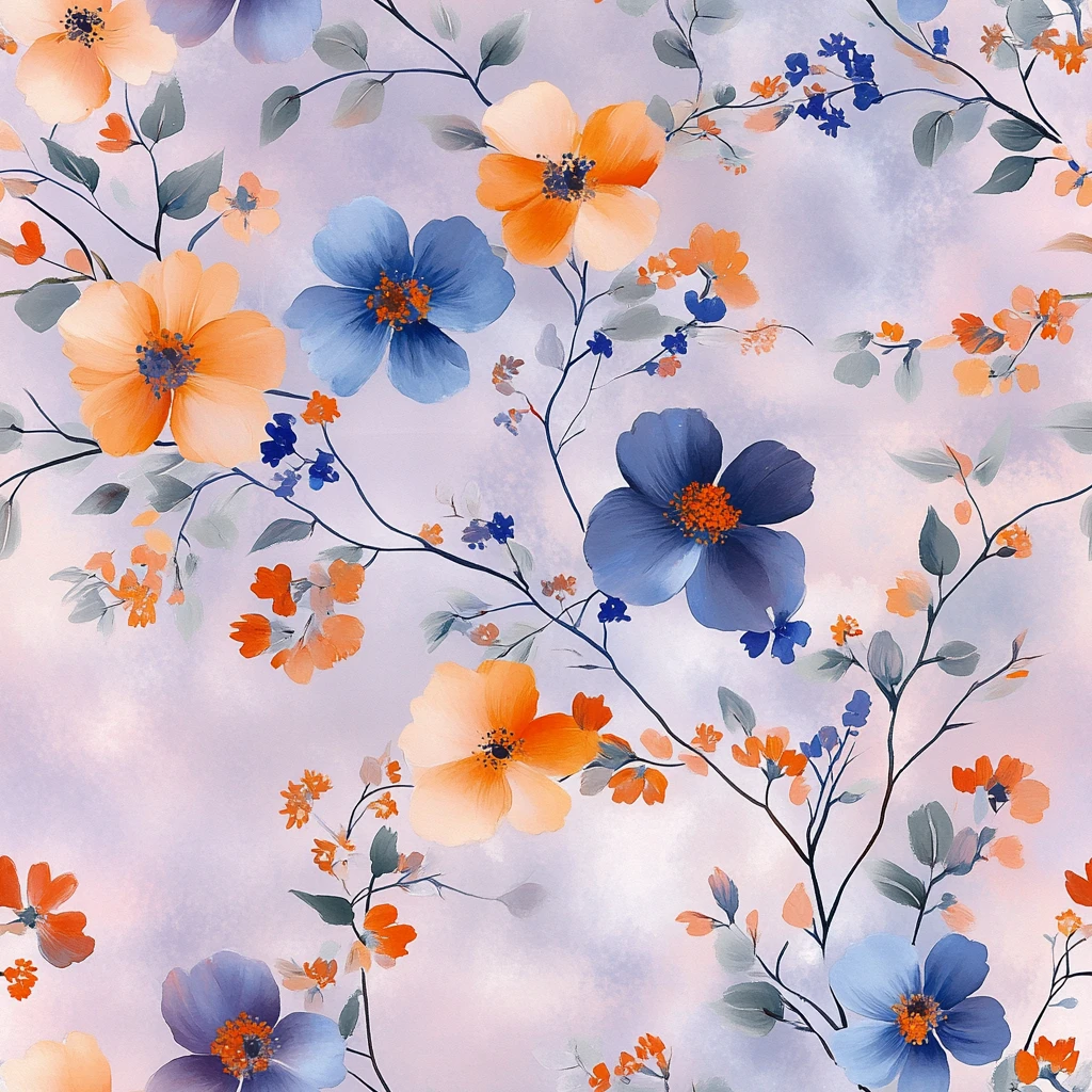 蓝色橙色绿色花朵