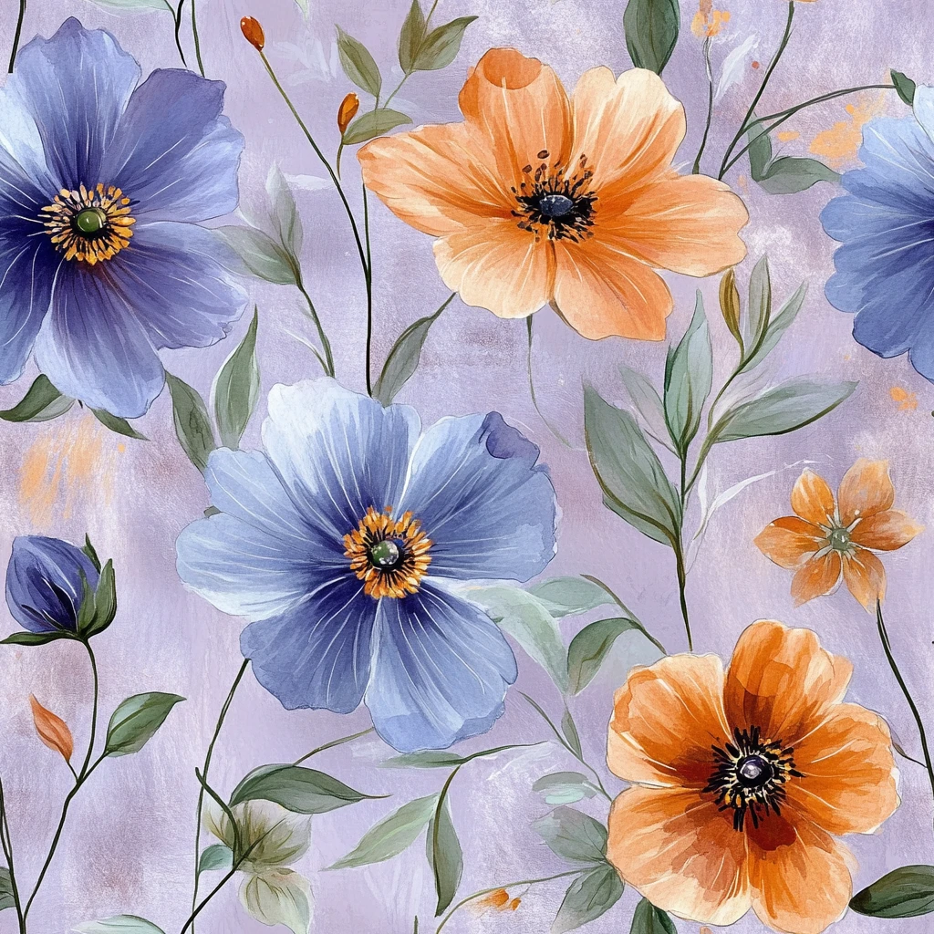 蓝色橙色绿色花朵