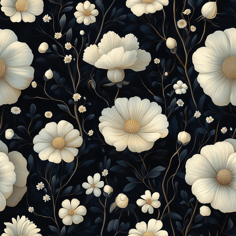 白花黑底花卉图案
