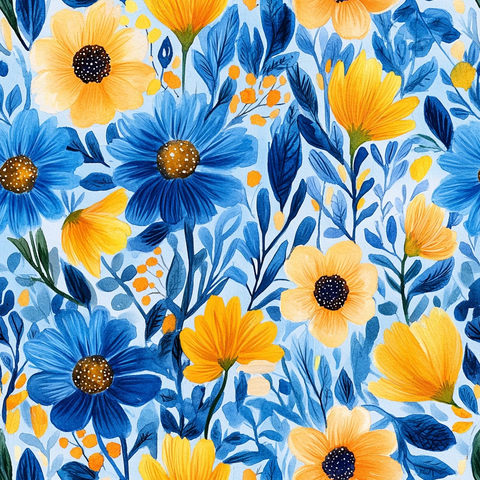 蓝黄花卉水彩纹样