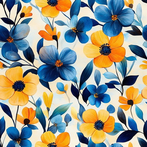 蓝黄花卉水彩纹样