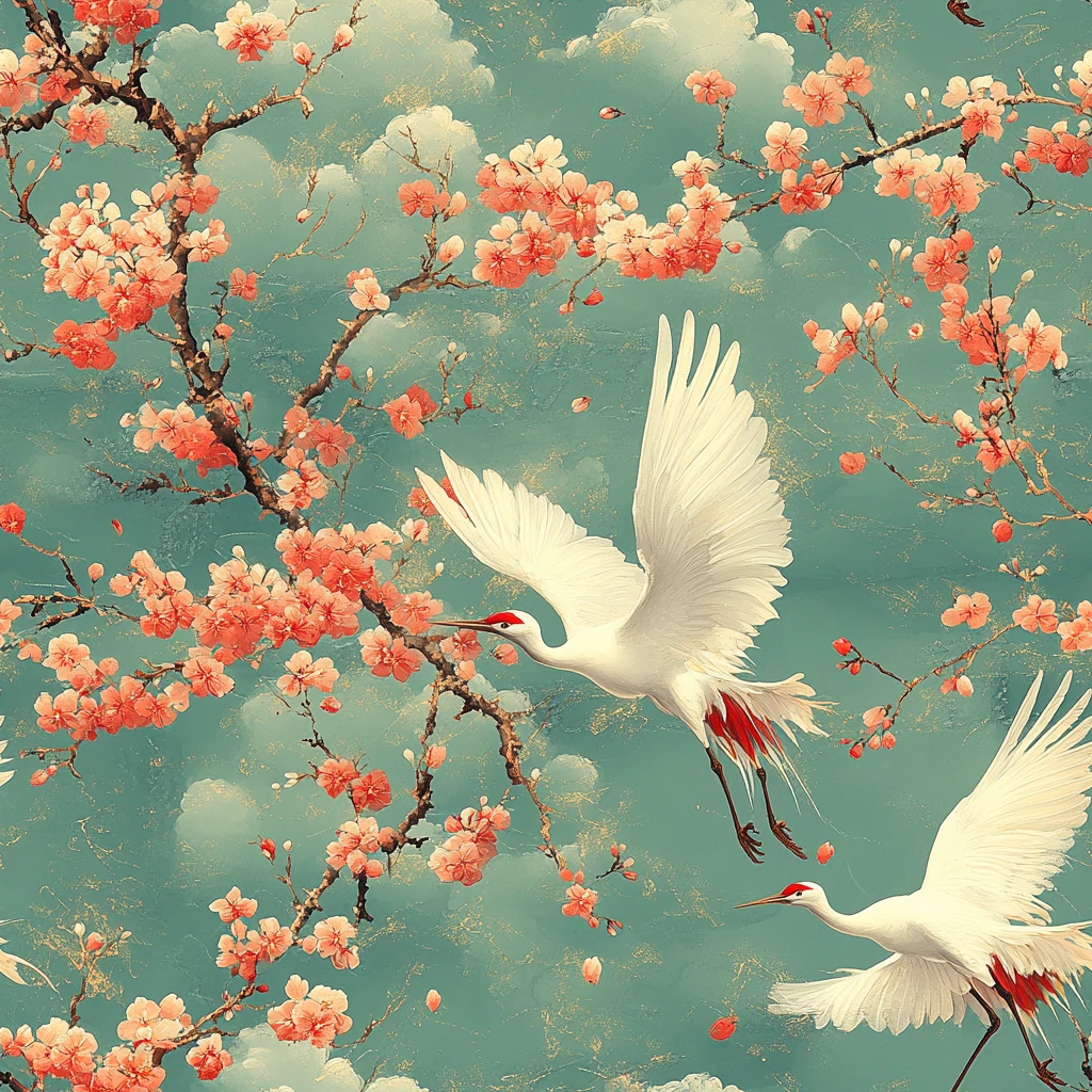 樱花下展翅的鹤