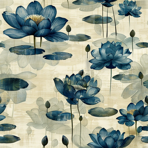 蓝绿莲叶图案布