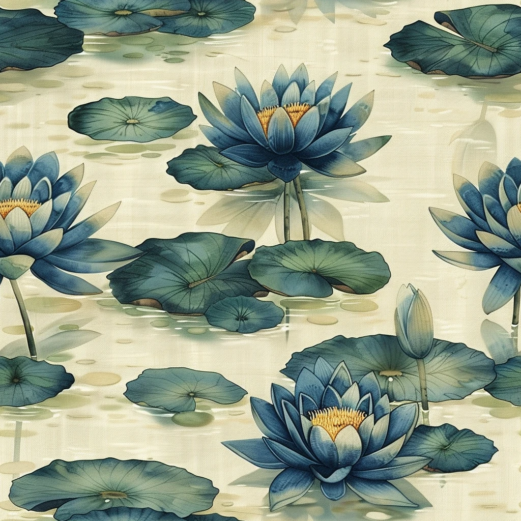 蓝绿莲叶图案布