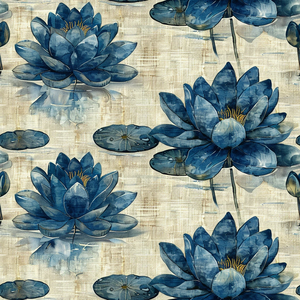 蓝绿莲叶图案布