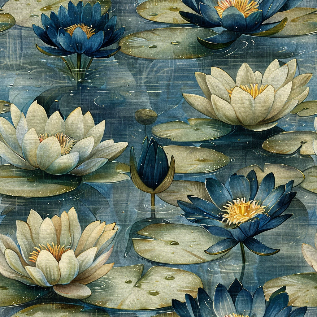 蓝绿莲叶图案布