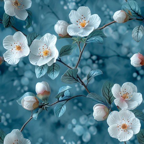 淡粉白花蓝绿底纹