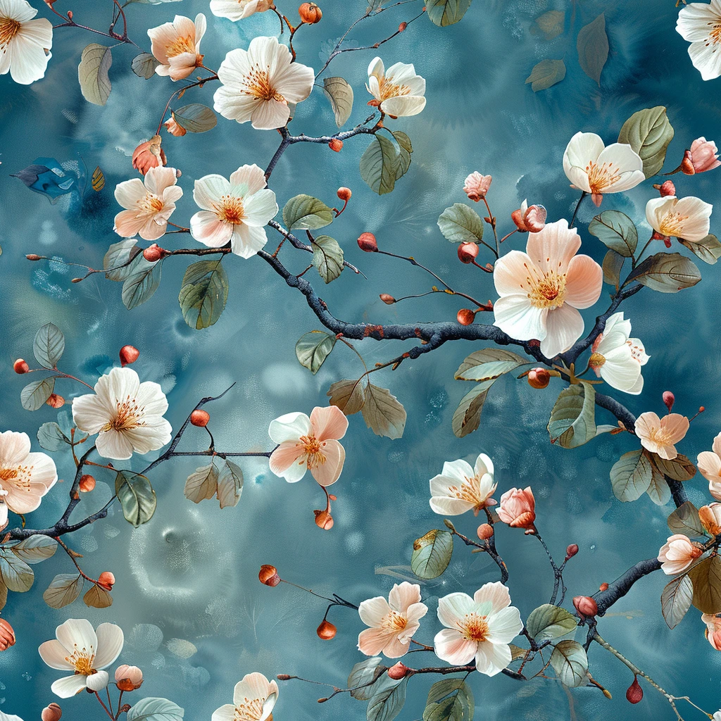 淡粉白花蓝绿底纹