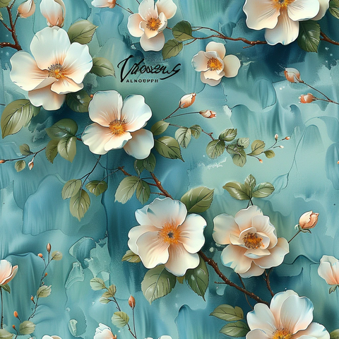 淡粉白花蓝绿底纹