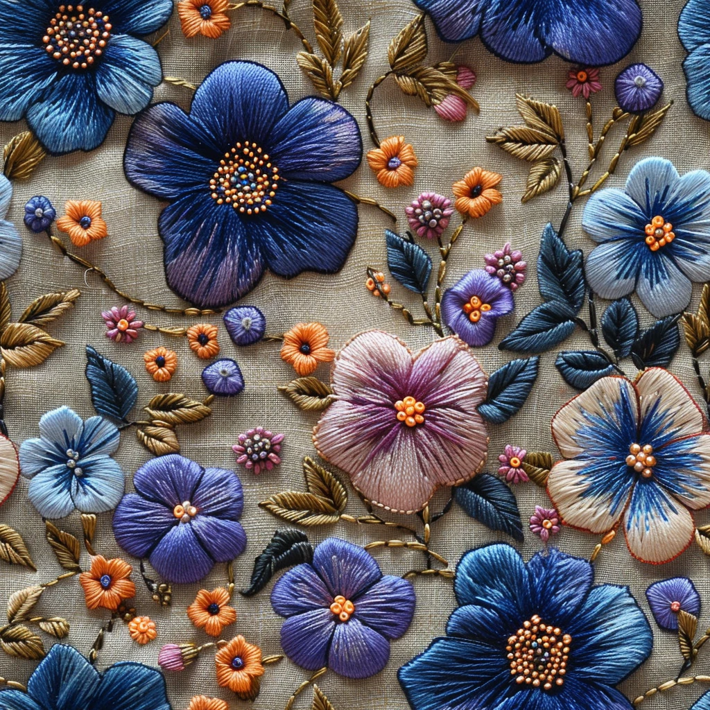 蓝紫花簇刺绣设计