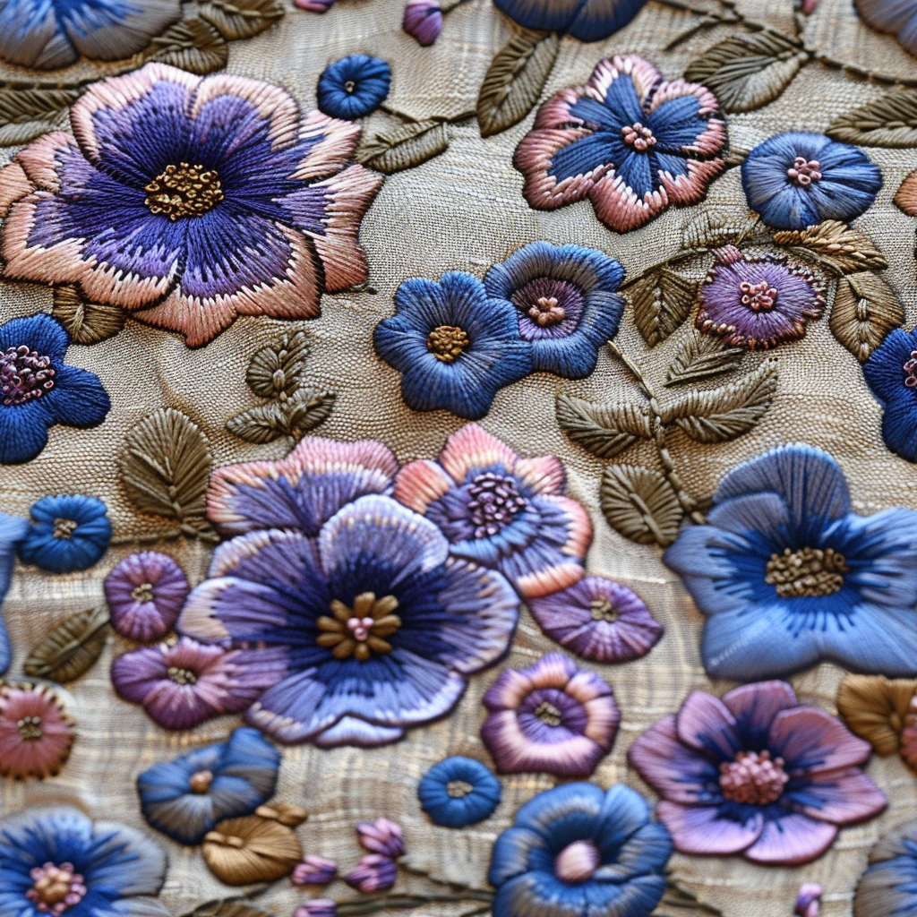 蓝紫花簇刺绣设计