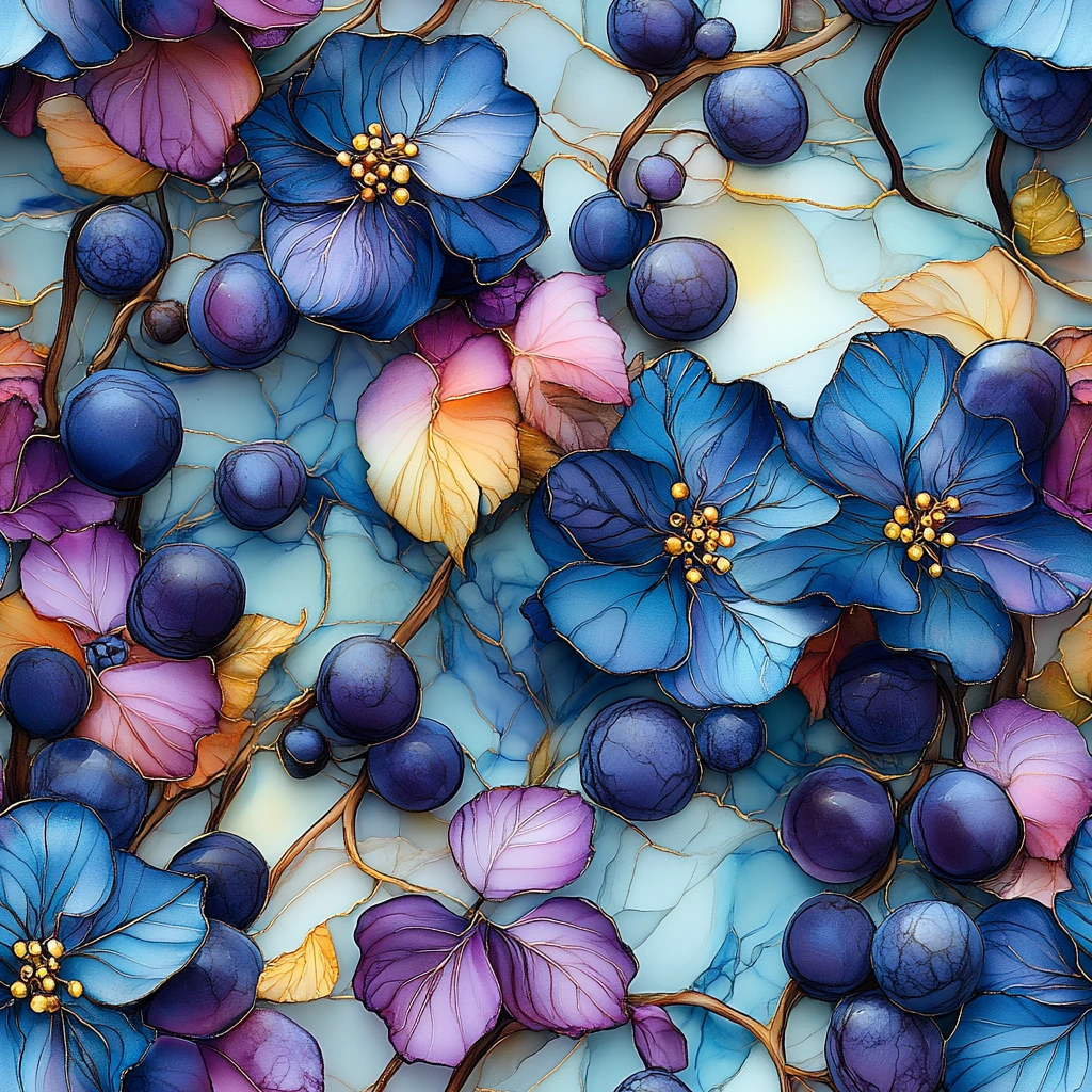 蓝紫花卉丝绸画