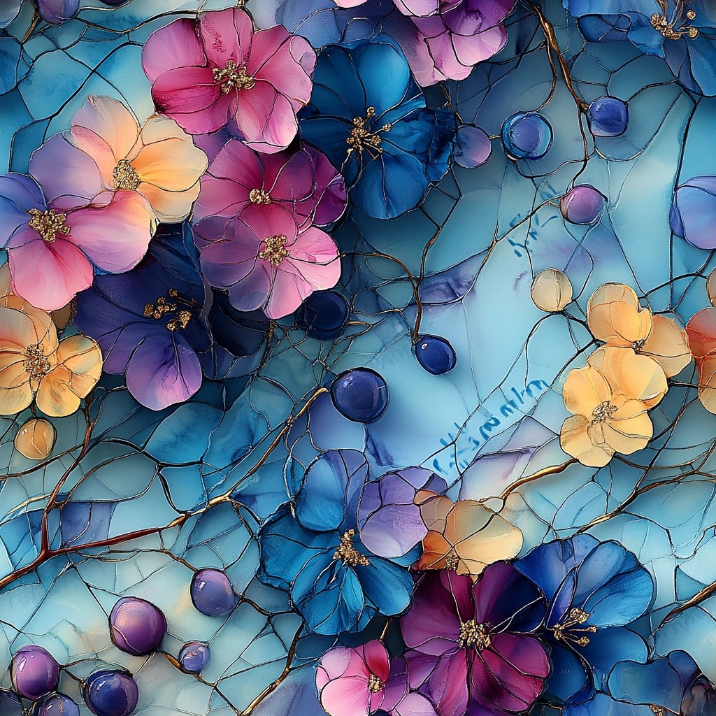 蓝紫花卉丝绸画