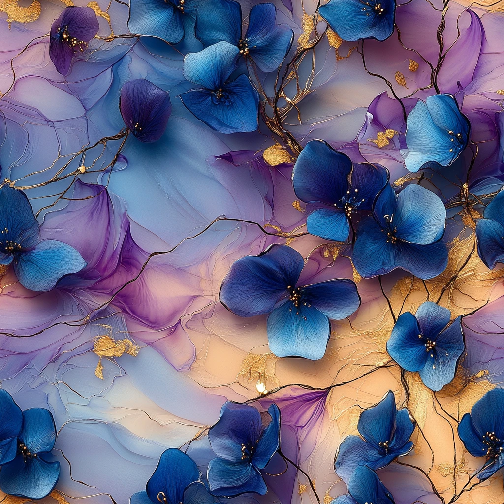 蓝紫花卉丝绸画