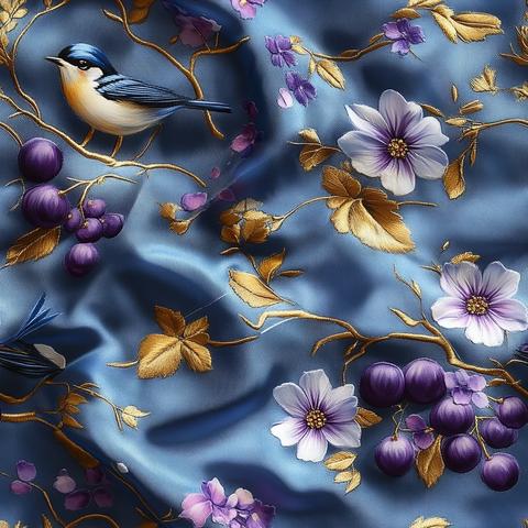 蓝色紫色花鸟丝绸