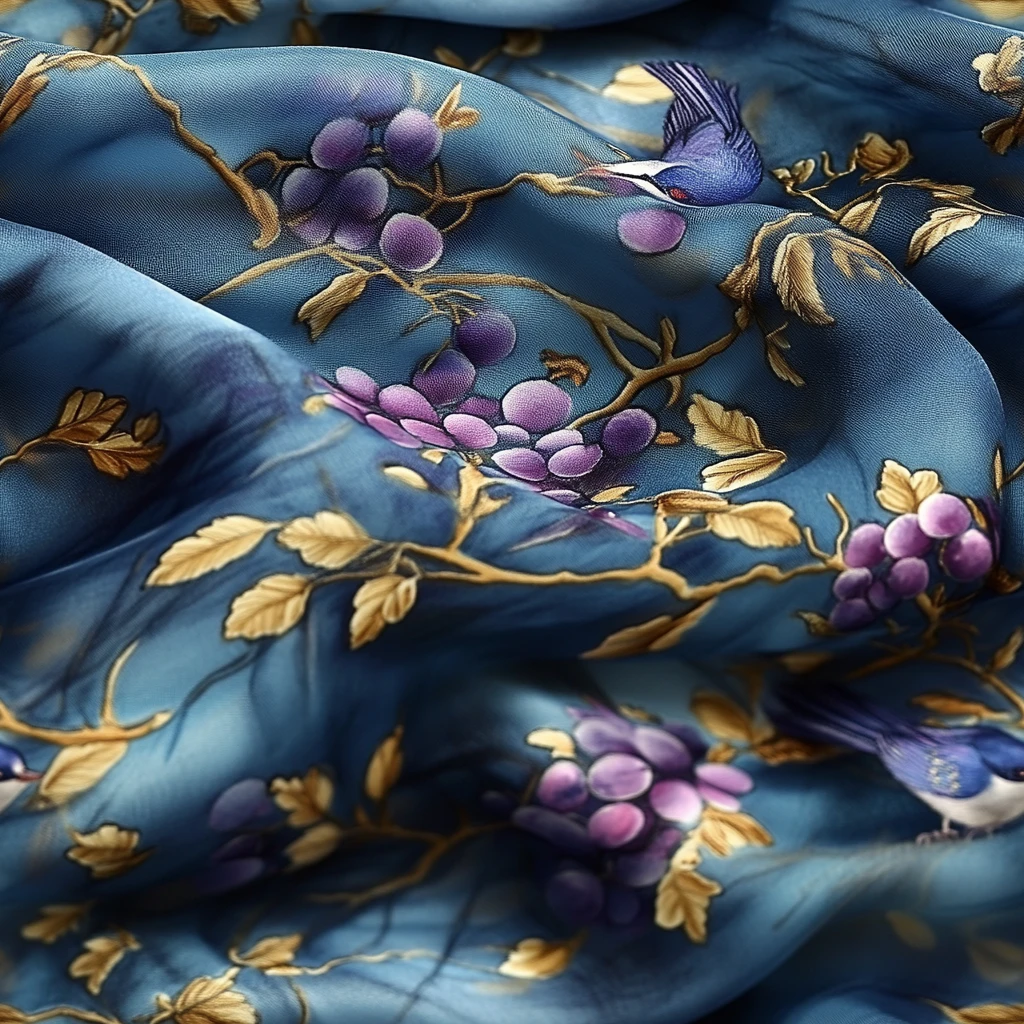 蓝色紫色花鸟丝绸