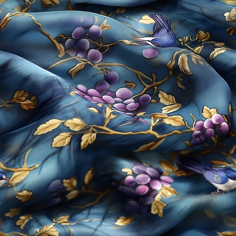 蓝色紫色花鸟丝绸