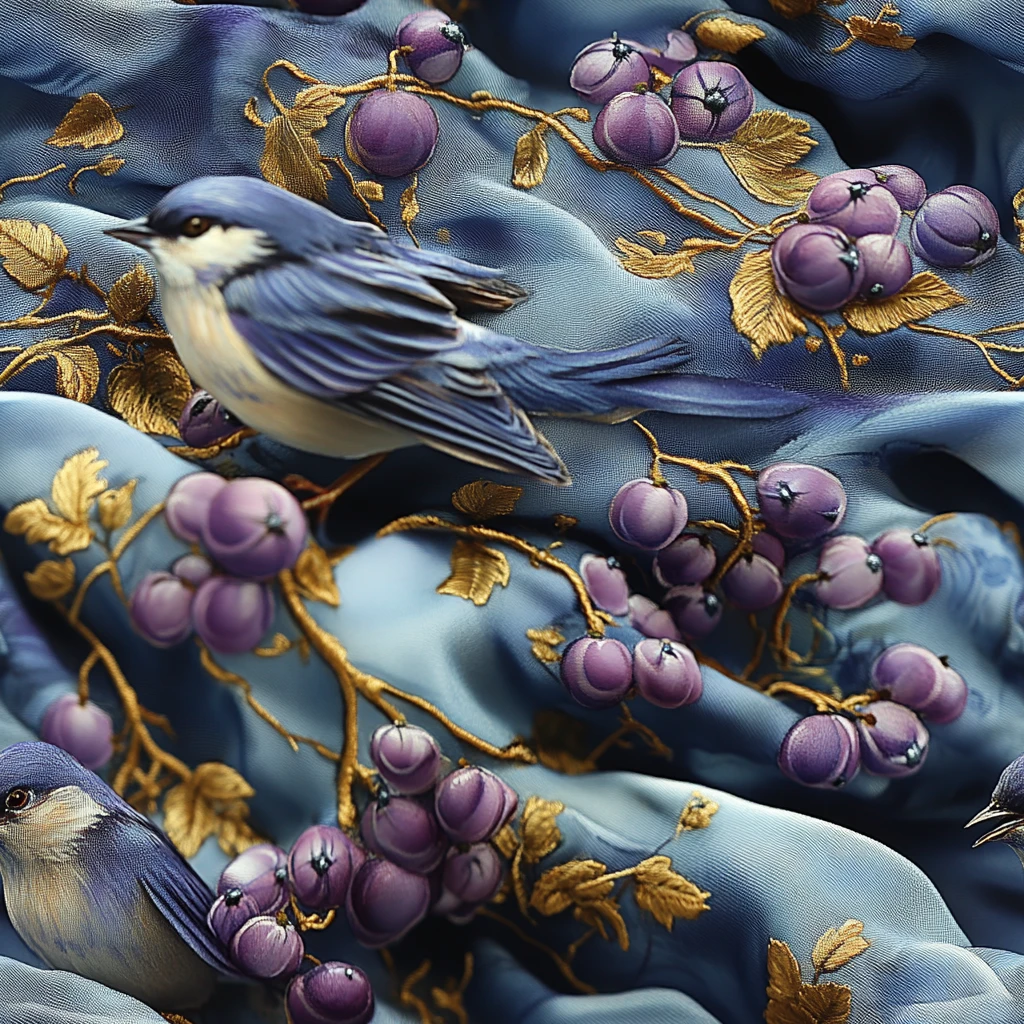 蓝色紫色花鸟丝绸