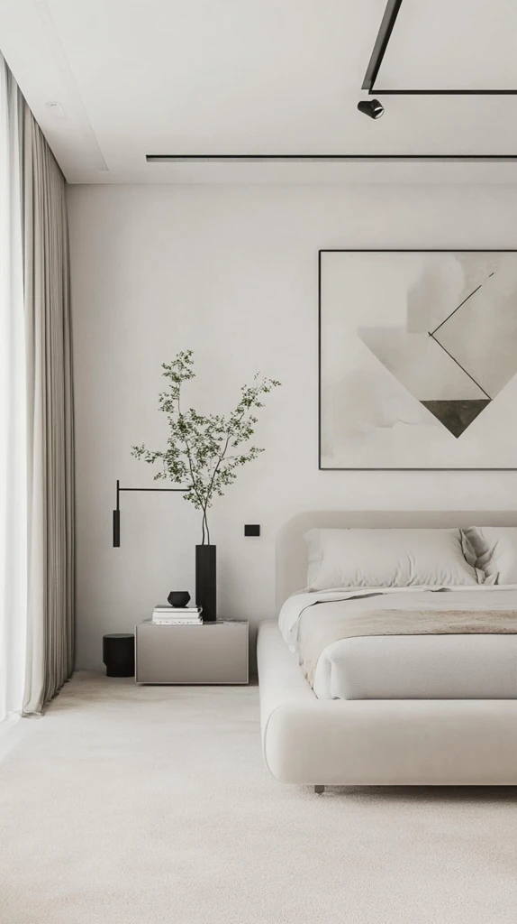 简约白床黑色灯