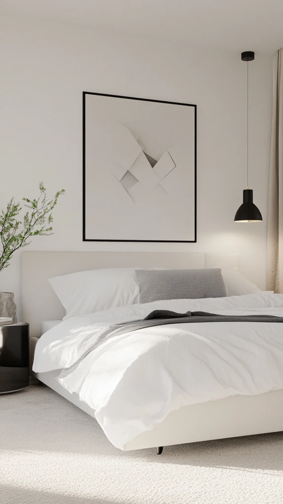 简约白床黑色灯