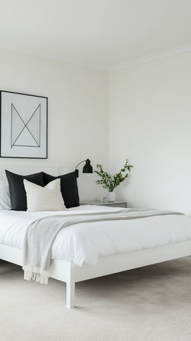 简约白床黑色灯