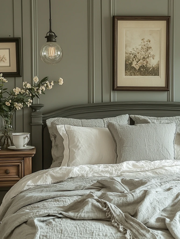 白色墙壁灰色床头