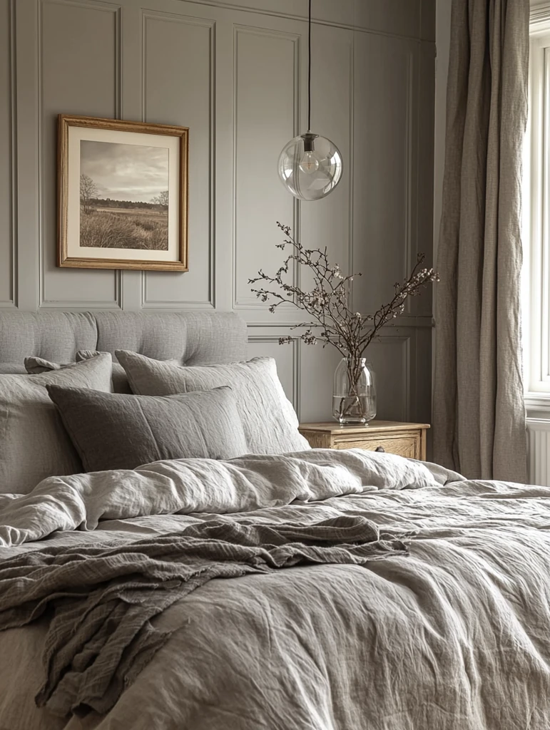 白色墙壁灰色床头