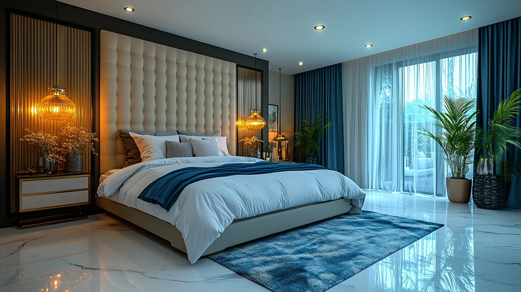 现代卧室蓝白布置