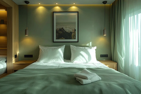 绿色床品木质床头