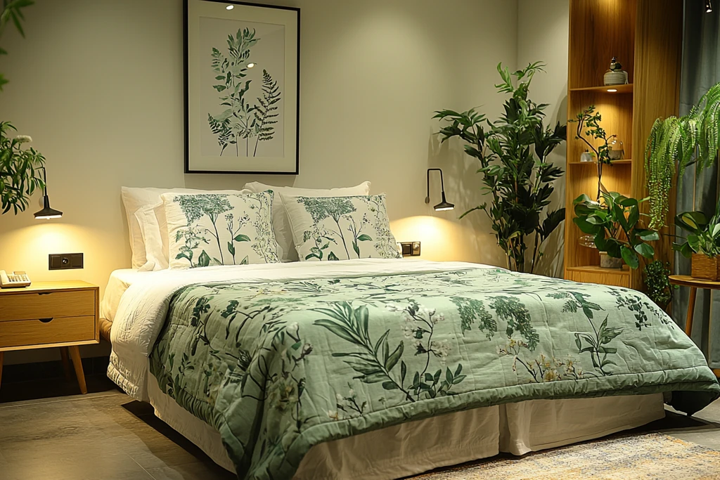 绿色床品木质床头