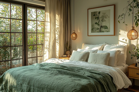 绿色床品木质床头