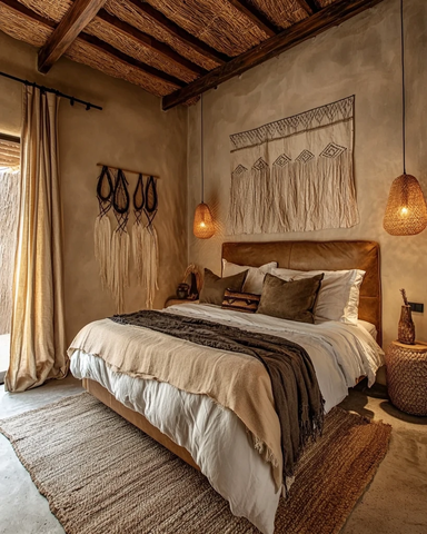 皮革床搭配木梁设计