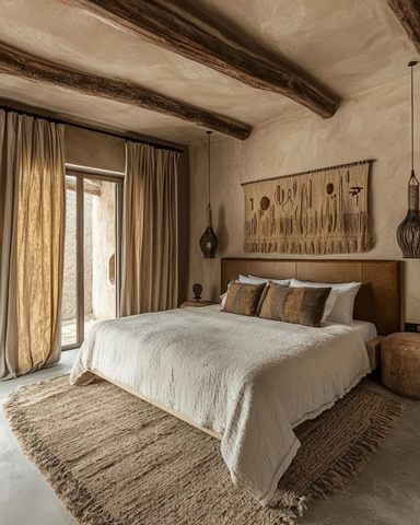 皮革床搭配木梁设计