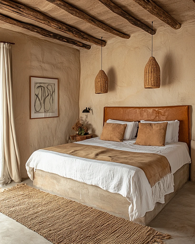 皮革床搭配木梁设计