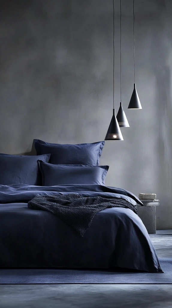 灰色墙面深蓝床品