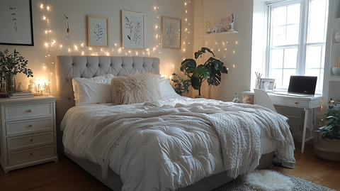 灰色床品白色衣柜