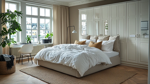 灰色床品白色衣柜