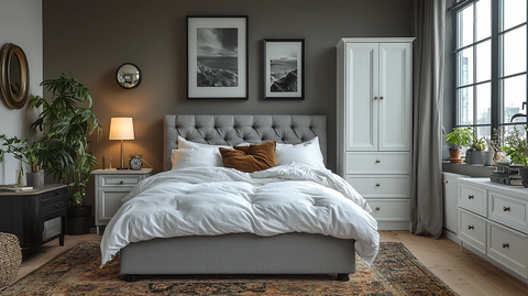 灰色床品白色衣柜