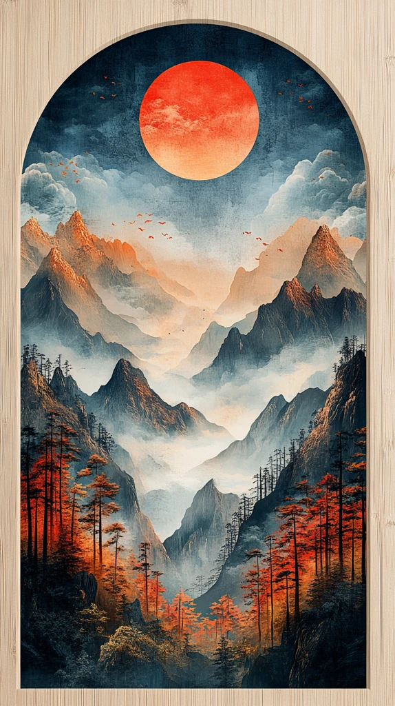 山水云天半圆木磁贴