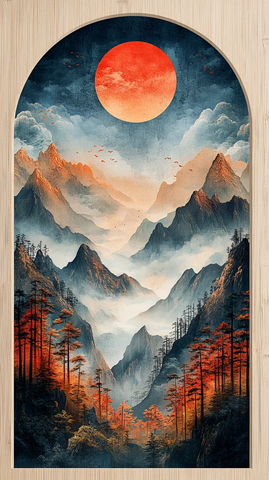 山水云天半圆木磁贴