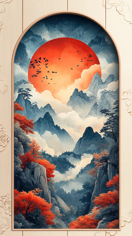 山水云天半圆木磁贴