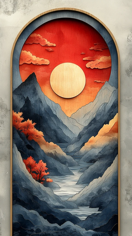 山水云天半圆木磁贴