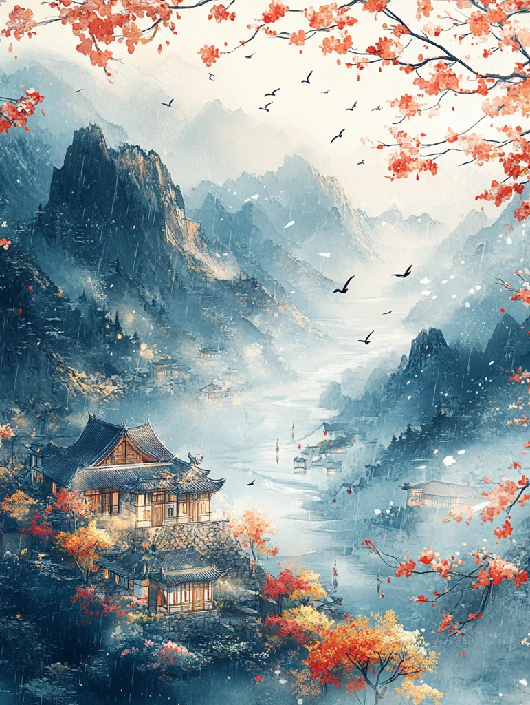 雨季飞燕山水图