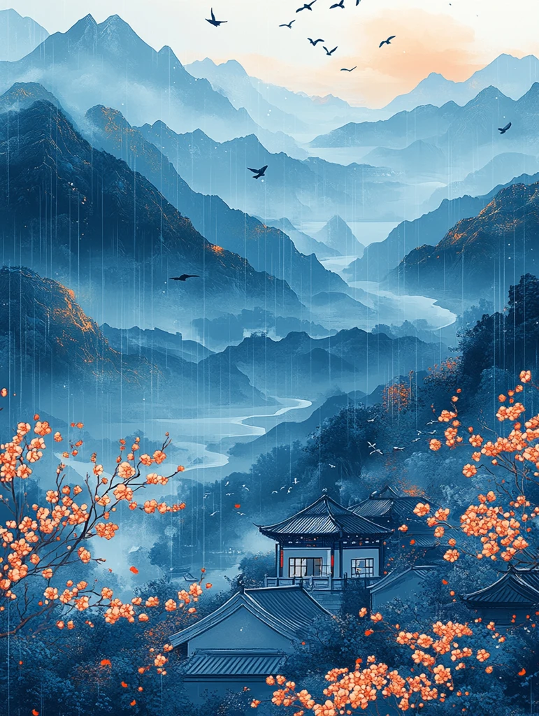 雨季飞燕山水图