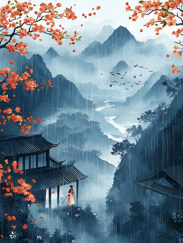 雨季飞燕山水图